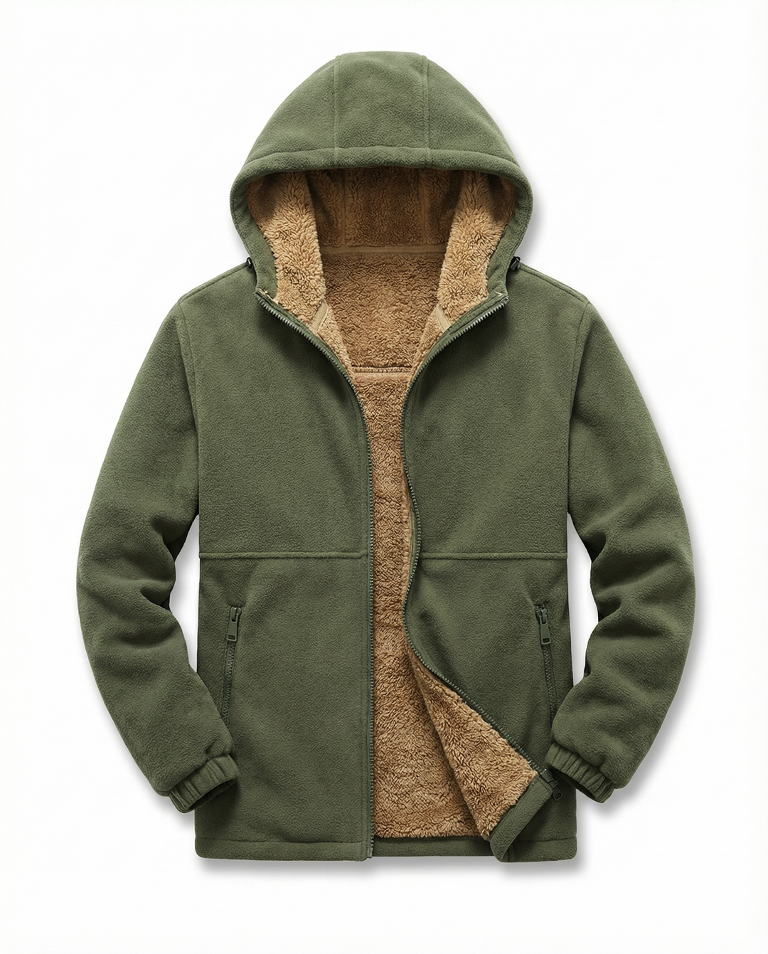 Men's hooded full-zip jacket with contrasting fleece-style lining and zipped pockets