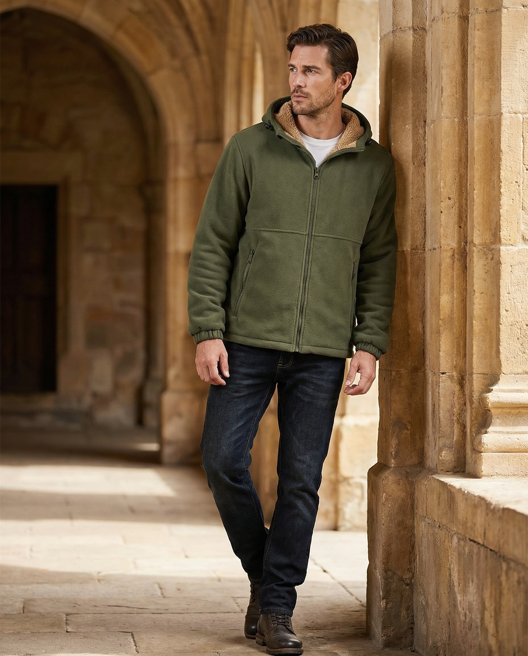 Men's hooded full-zip jacket with contrasting fleece-style lining and zipped pockets