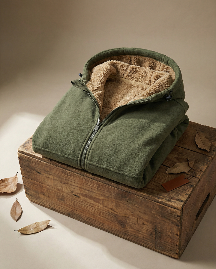 Men's hooded full-zip jacket with contrasting fleece-style lining and zipped pockets
