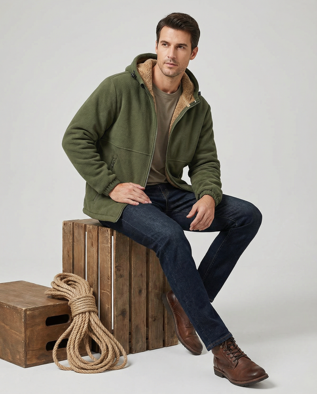 Men's hooded full-zip jacket with contrasting fleece-style lining and zipped pockets
