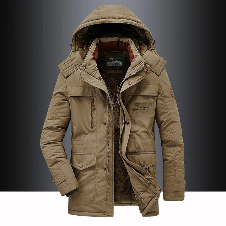 Men's hooded mid-length parka with zip front and multiple utility pockets