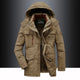 Men's hooded mid-length parka with zip front and multiple utility pockets