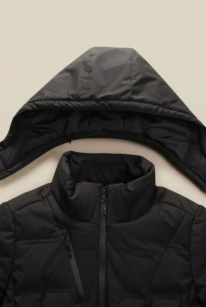 Men's hooded padded jacket with quilted panels and zipped pockets