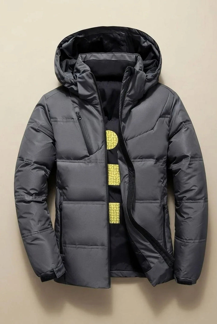 Men's hooded padded jacket with quilted panels and zipped pockets