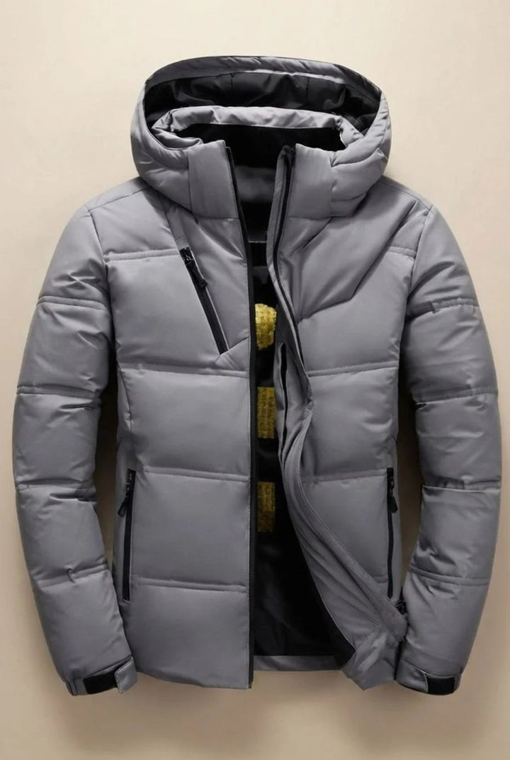 Men's hooded padded jacket with quilted panels and zipped pockets
