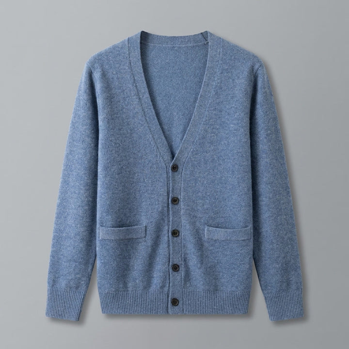 Unisex V-neck cardigan with long sleeves, button front and two patch pockets