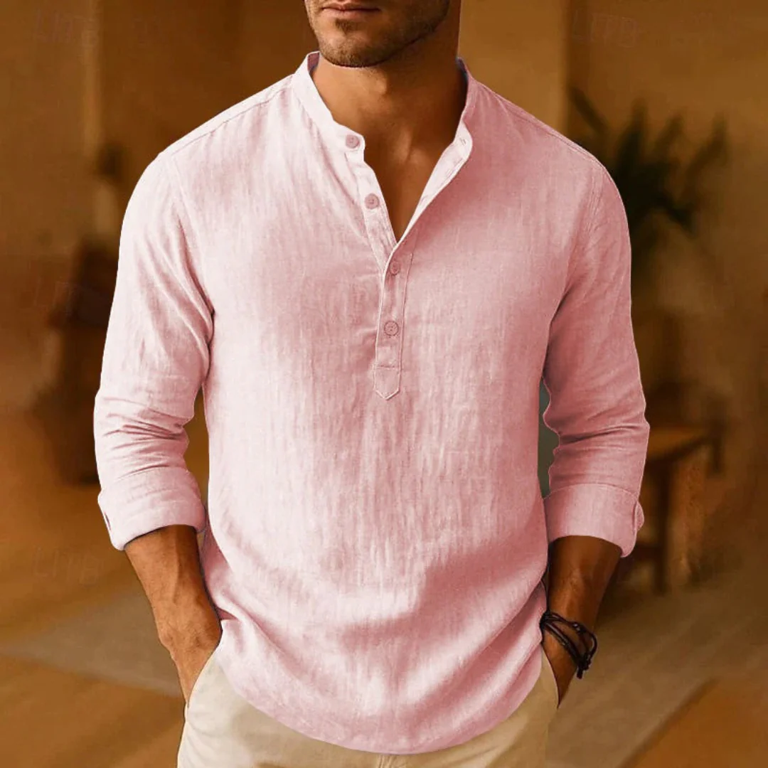 Men's long-sleeve Henley shirt with Mandarin collar and button placket