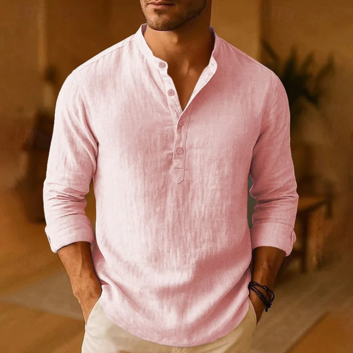 Men's long-sleeve Henley shirt with Mandarin collar and button placket