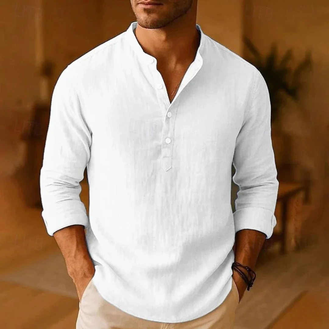 Men's long-sleeve Henley shirt with Mandarin collar and button placket