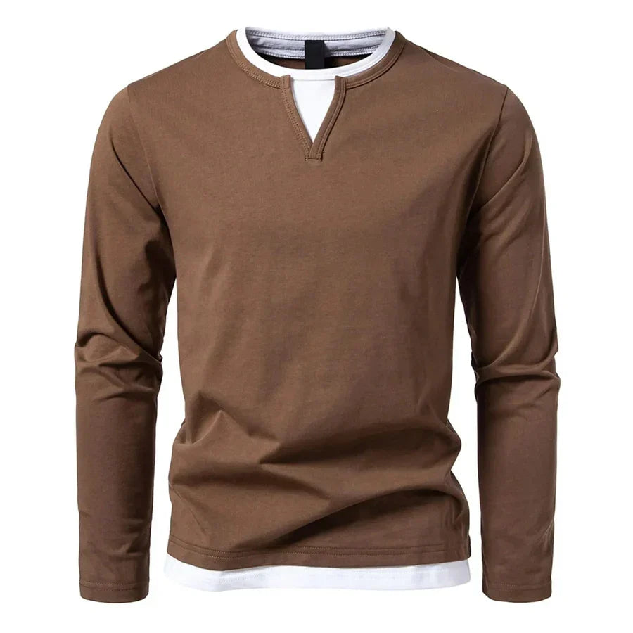 Long-sleeve men's Henley sweater with split neckline