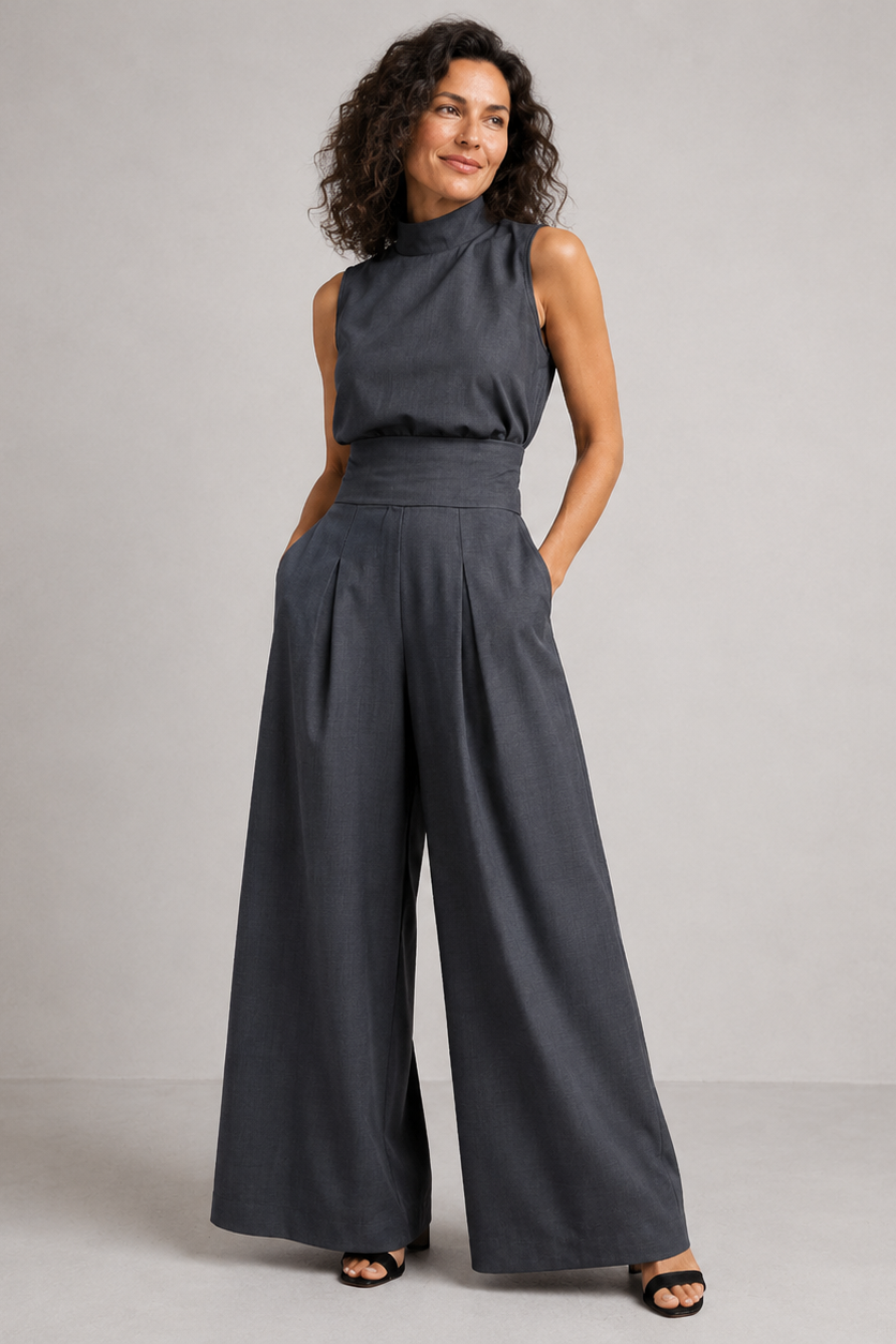 Women's sleeveless turtleneck jumpsuit in olive green and cream, wide-leg tailored trousers, high waist.