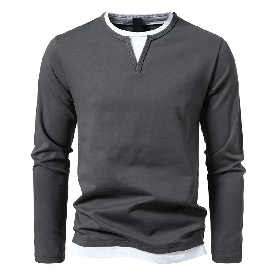 Long-sleeve men's Henley sweater with split neckline