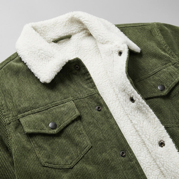 Corduroy jacket with sherpa collar, button front and four pockets