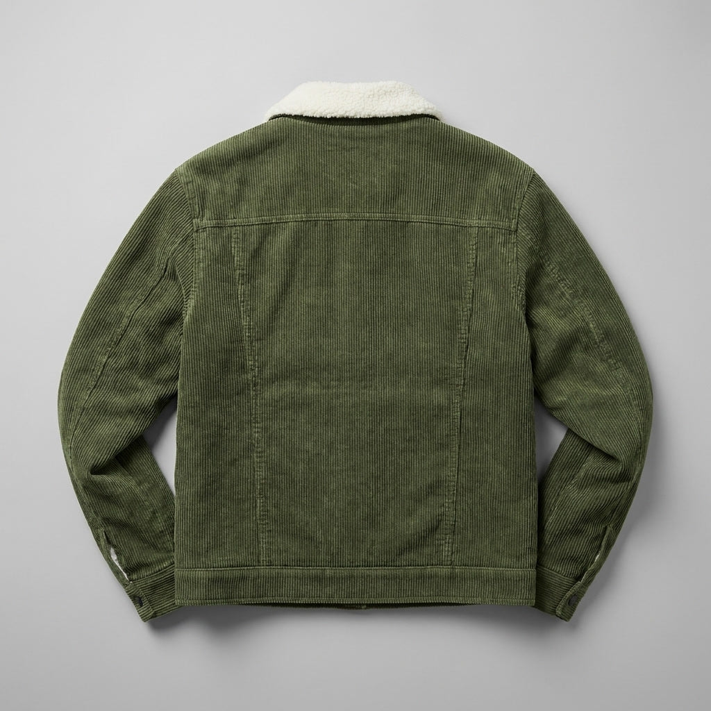 Corduroy jacket with sherpa collar, button front and four pockets