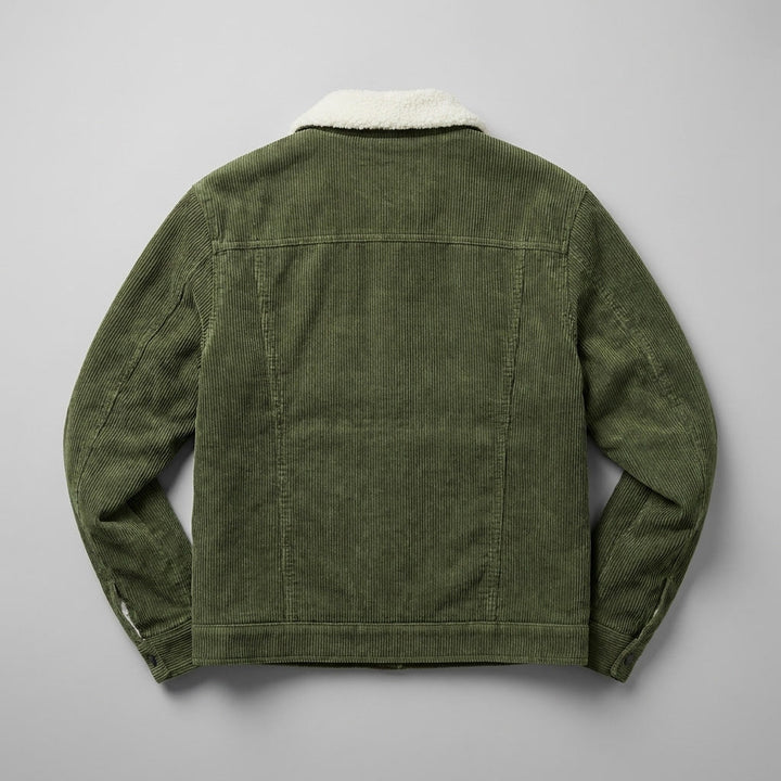 Corduroy jacket with sherpa collar, button front and four pockets