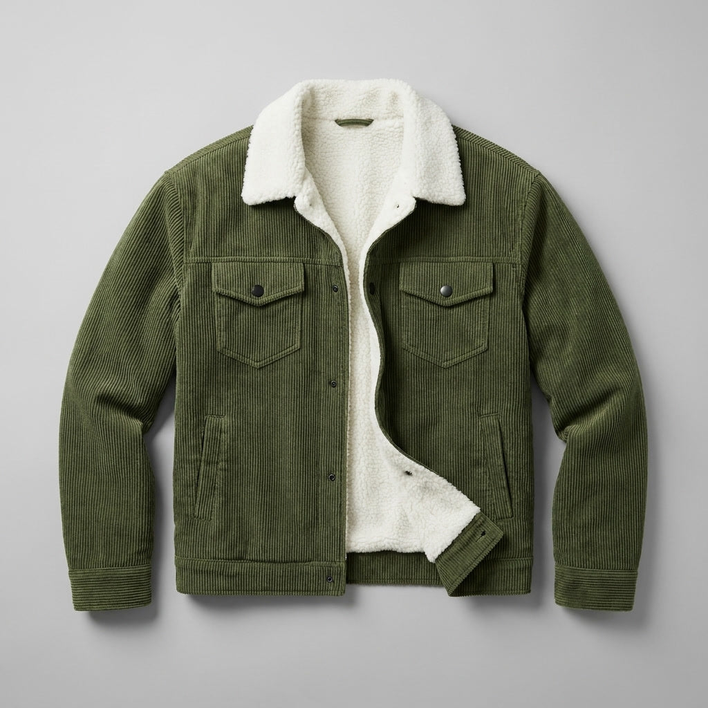 Corduroy jacket with sherpa collar, button front and four pockets