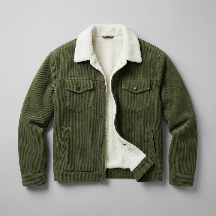 Corduroy jacket with sherpa collar, button front and four pockets