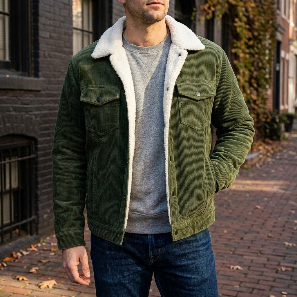 Corduroy jacket with sherpa collar, button front and four pockets