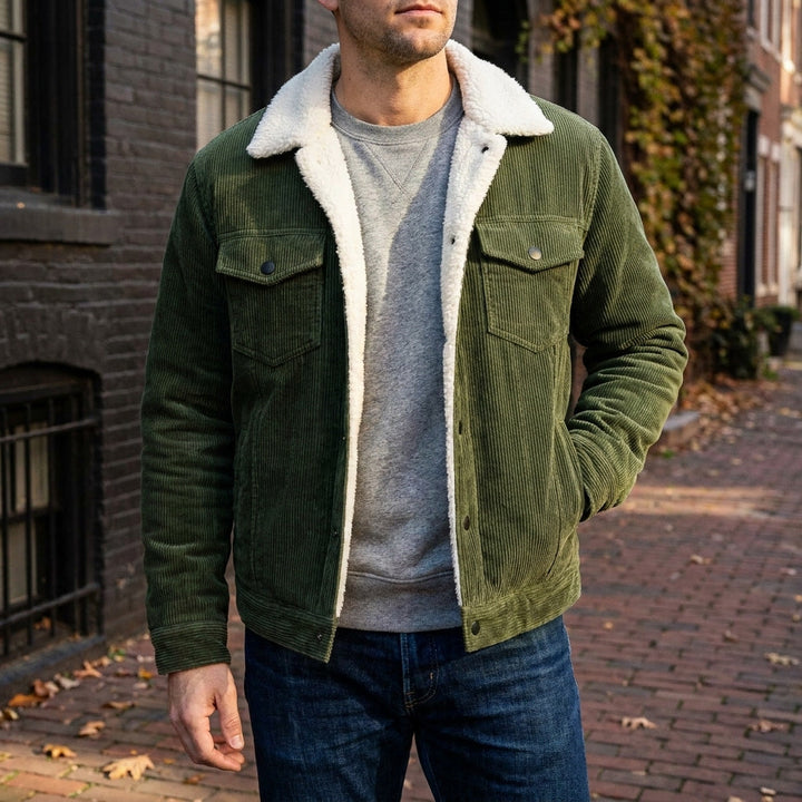 Corduroy jacket with sherpa collar, button front and four pockets