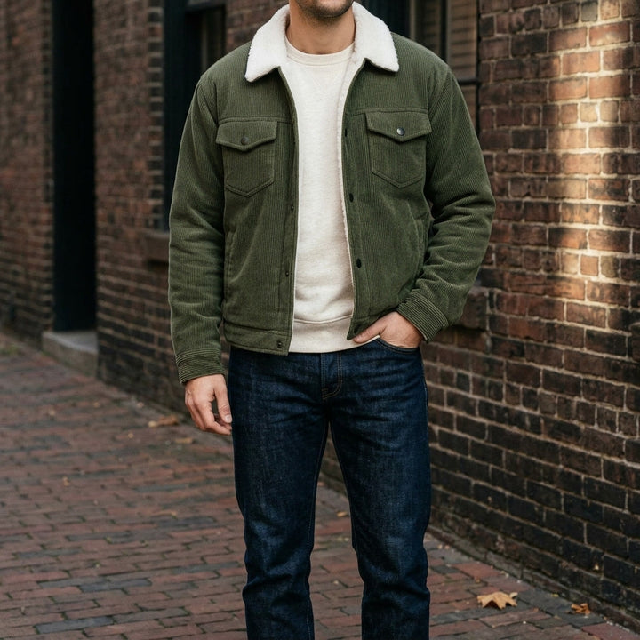 Corduroy jacket with sherpa collar, button front and four pockets