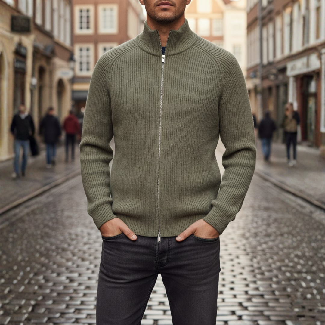 Men's ribbed cardigan with stand collar and full front zip