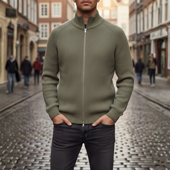Men's ribbed cardigan with stand collar and full front zip
