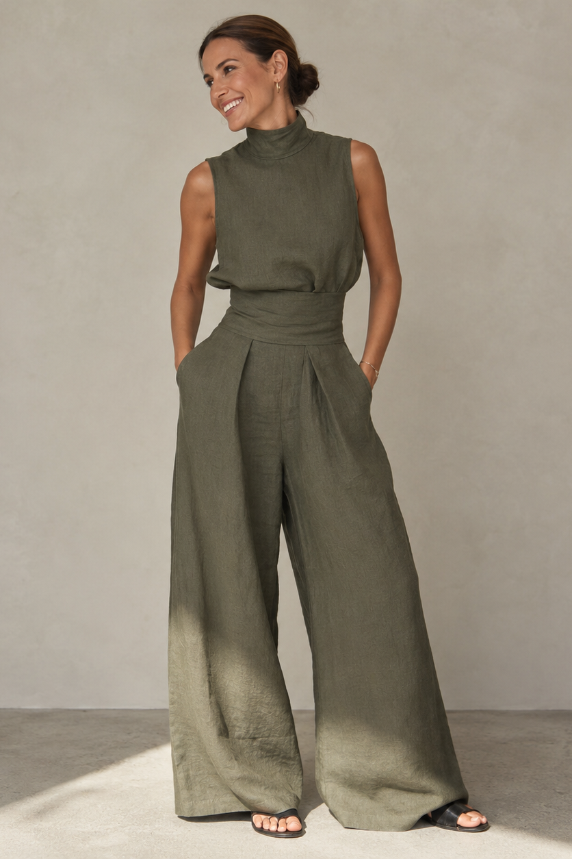 Women's sleeveless turtleneck jumpsuit in olive green and cream, wide-leg tailored trousers, high waist.