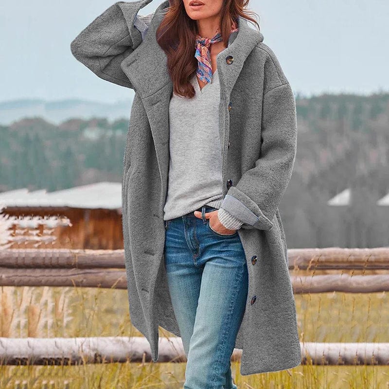 Women's long hooded coat with buttons and patch pockets