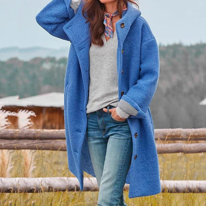Women's long hooded coat with buttons and patch pockets
