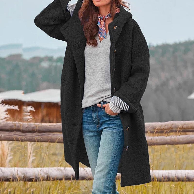 Women's long hooded coat with buttons and patch pockets