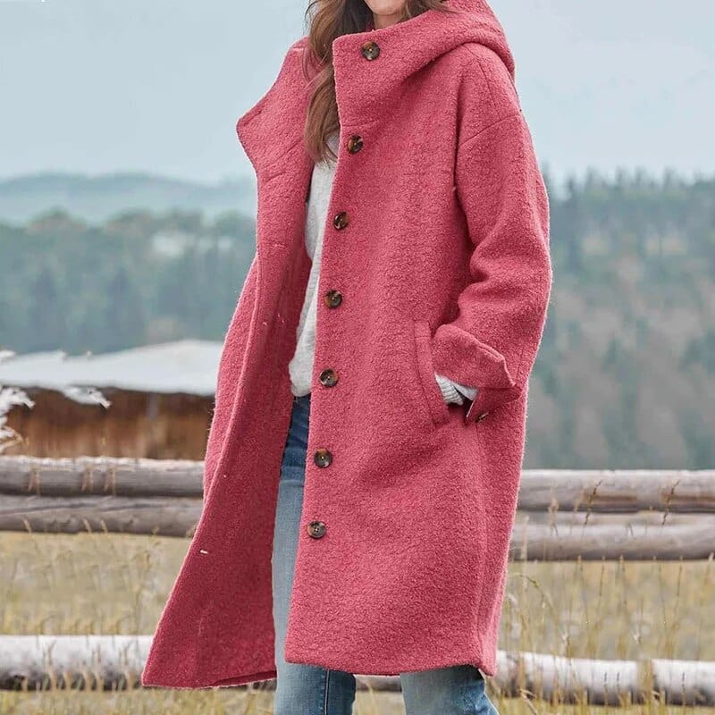Women's long hooded coat with buttons and patch pockets