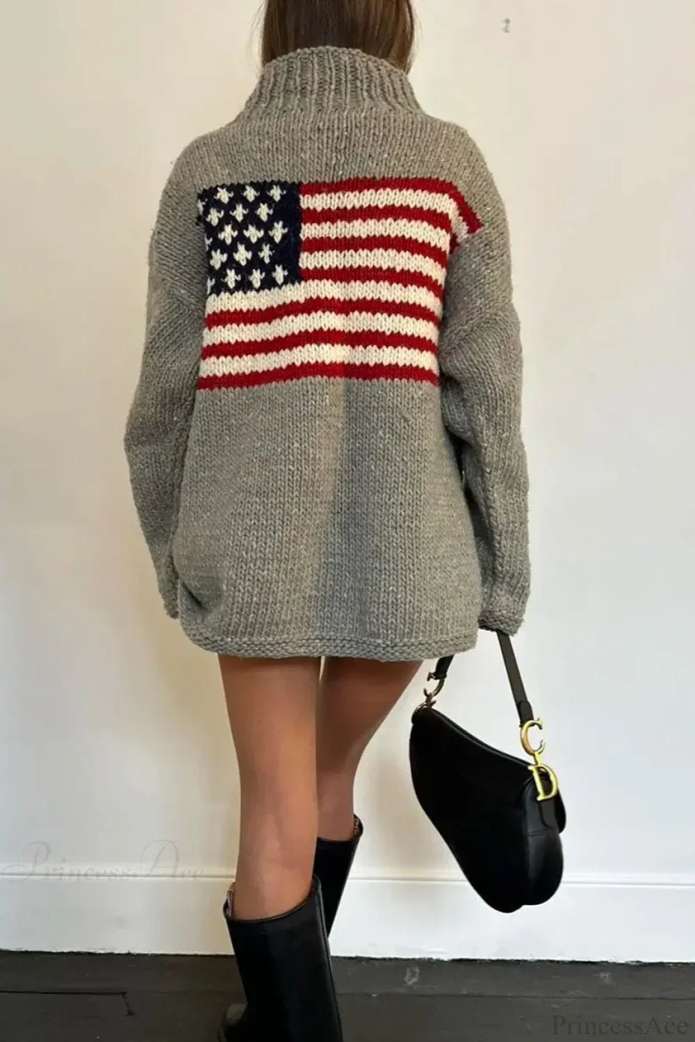 Women's high neck knitted jumper with a flag motif and long sleeves