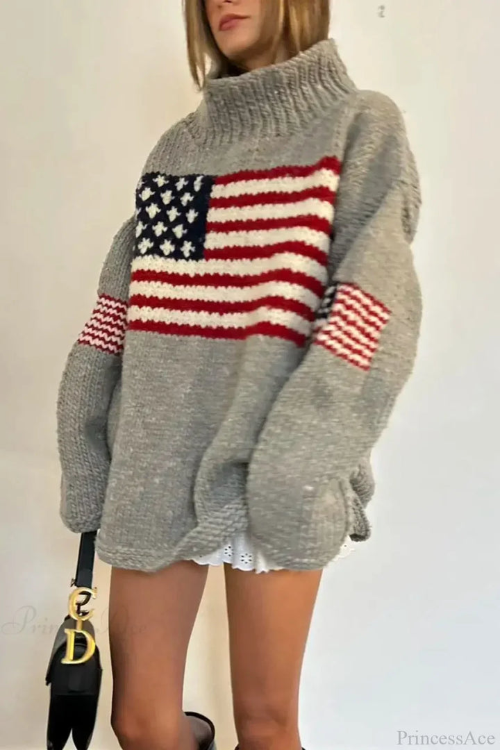 Women's high neck knitted jumper with a flag motif and long sleeves