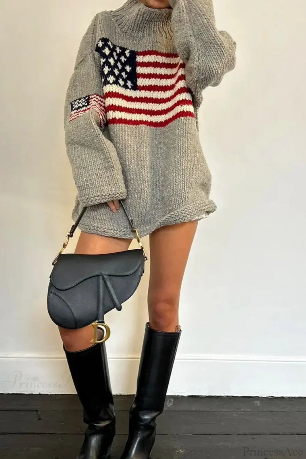 Women's high neck knitted jumper with a flag motif and long sleeves