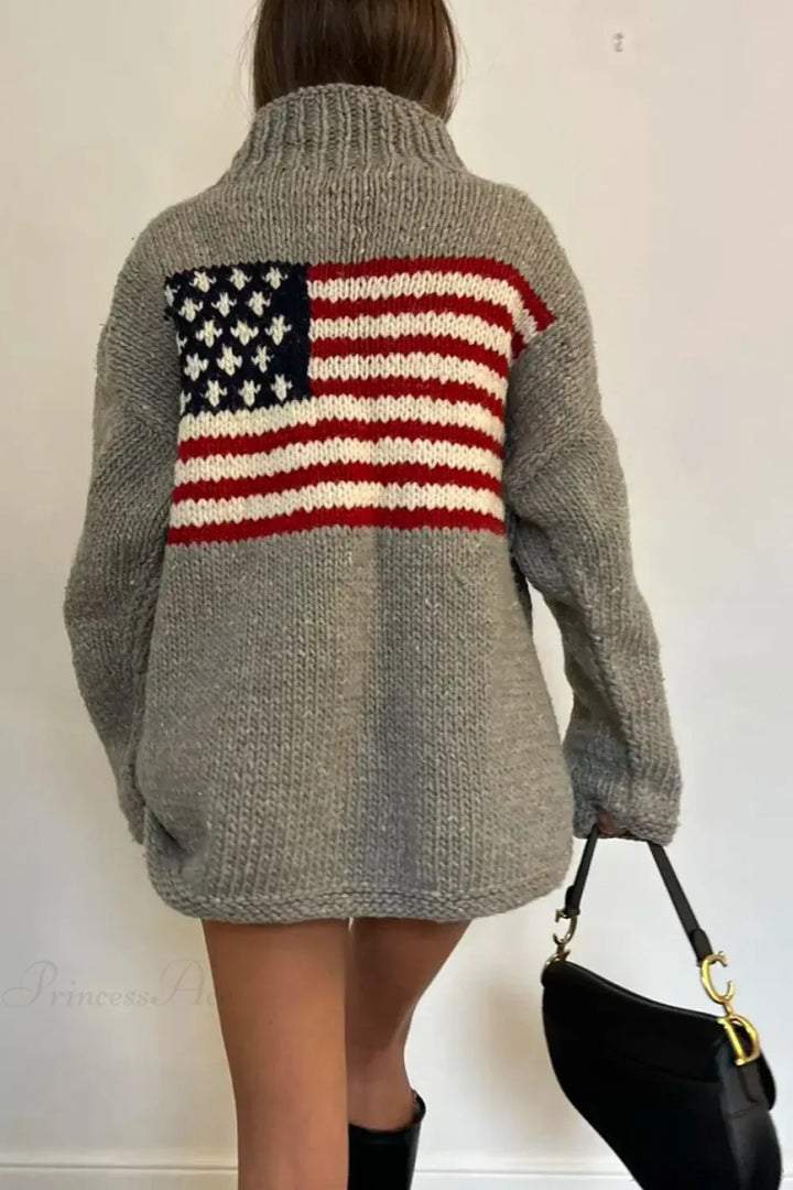 Women's high neck knitted jumper with a flag motif and long sleeves