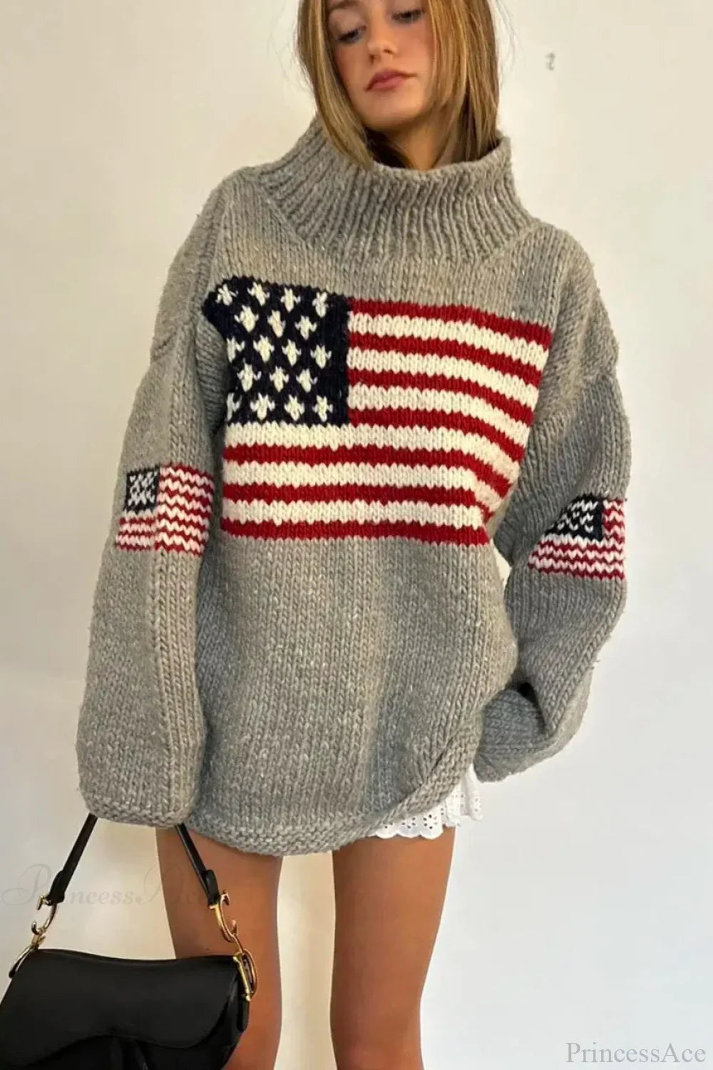 Women's high neck knitted jumper with a flag motif and long sleeves