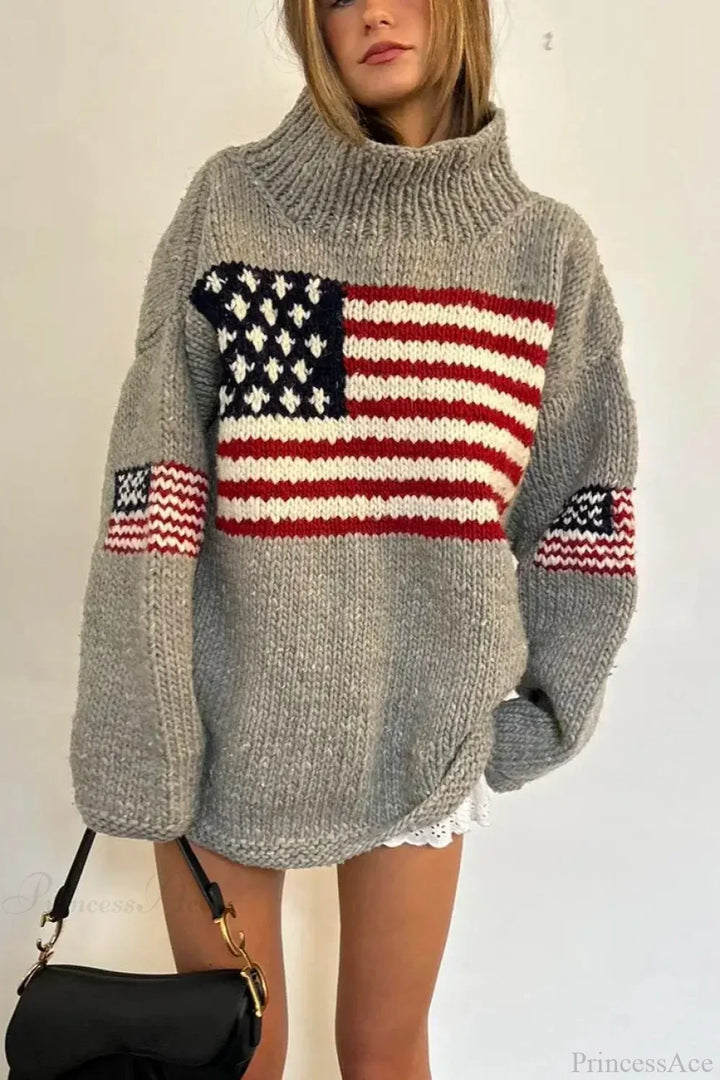 Women's high neck knitted jumper with a flag motif and long sleeves