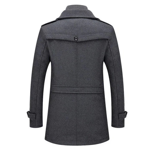 Men's long two-piece coat with stand collar, lapels, pockets and long sleeves