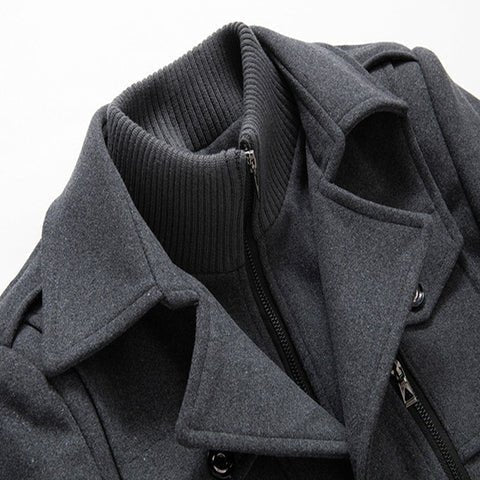 Men's long two-piece coat with stand collar, lapels, pockets and long sleeves