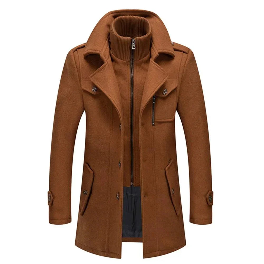 Men's long two-piece coat with stand collar, lapels, pockets and long sleeves