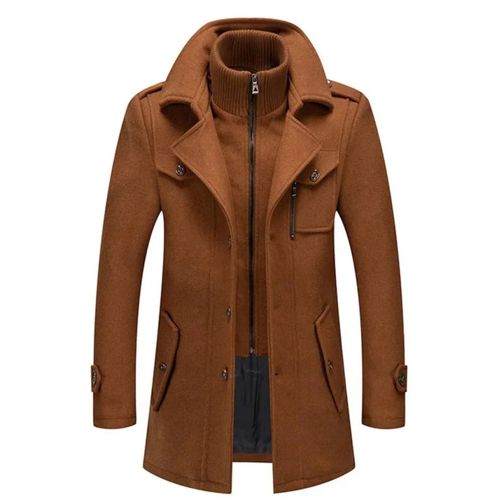 Men's long two-piece coat with stand collar, lapels, pockets and long sleeves
