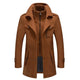 Men's long two-piece coat with stand collar, lapels, pockets and long sleeves