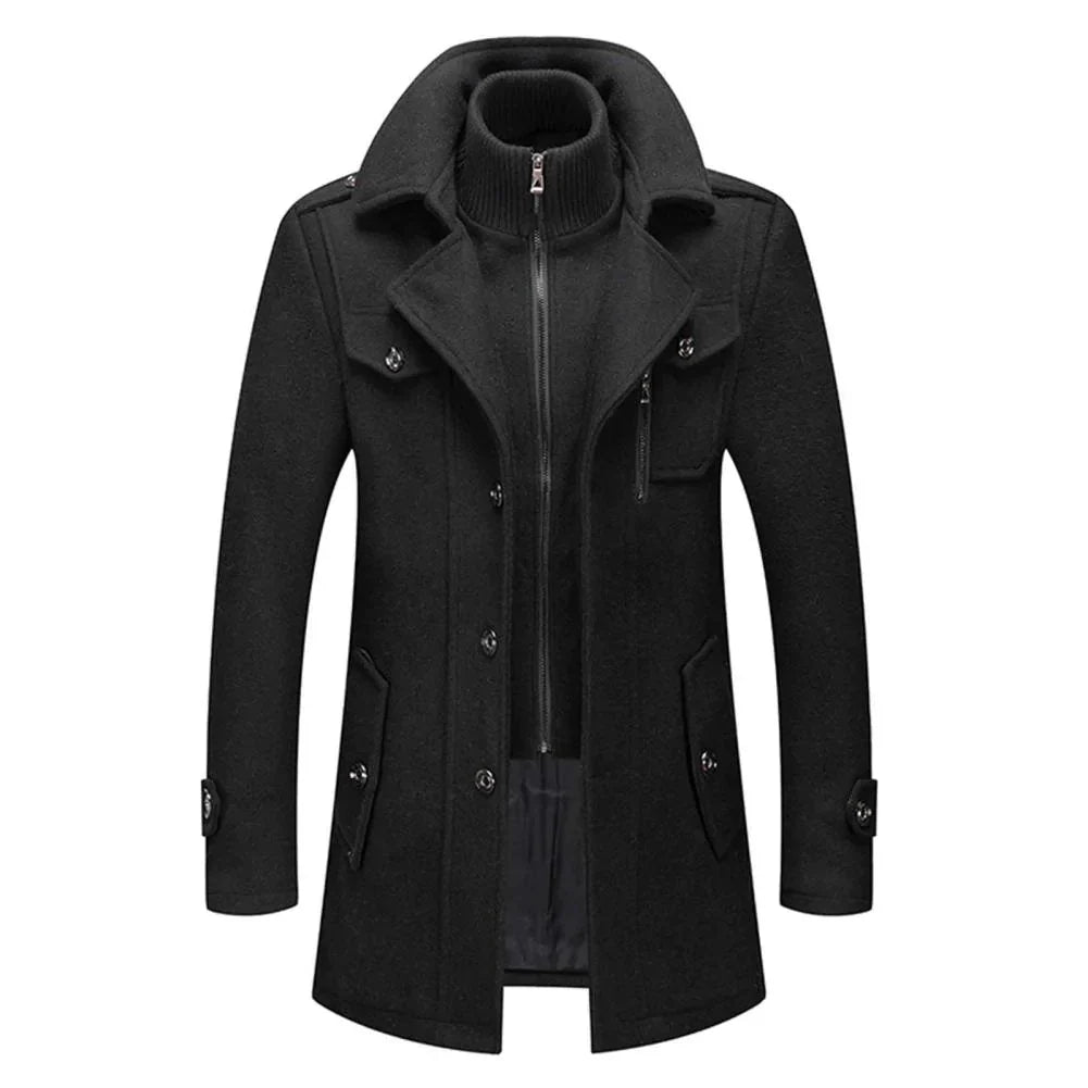 Men's long two-piece coat with stand collar, lapels, pockets and long sleeves
