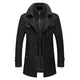 Men's long two-piece coat with stand collar, lapels, pockets and long sleeves