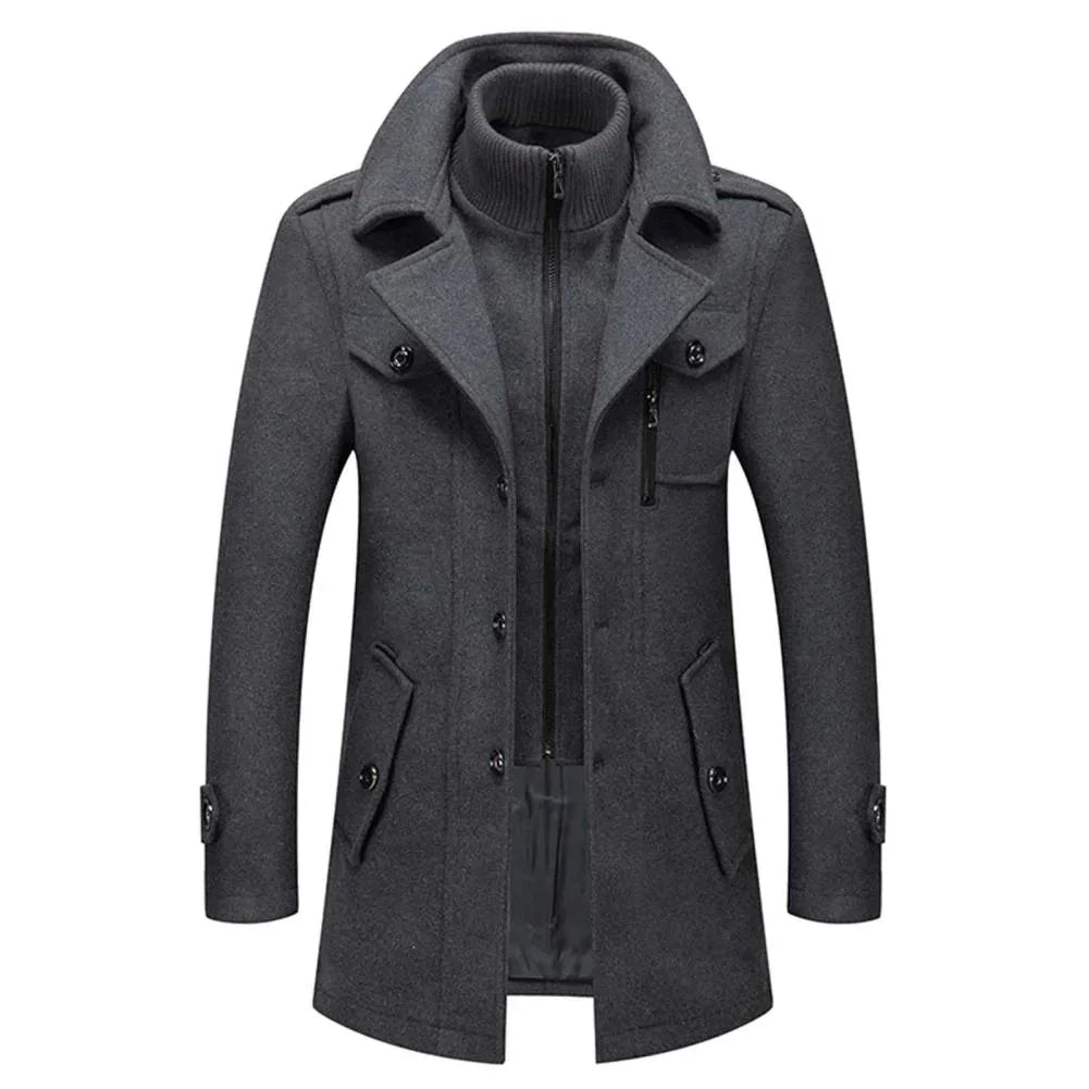 Men's long two-piece coat with stand collar, lapels, pockets and long sleeves