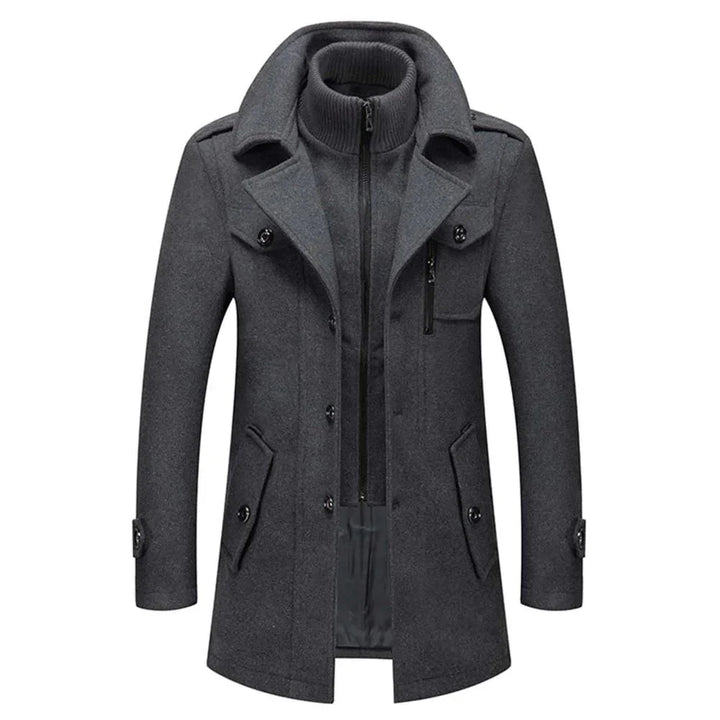Men's long two-piece coat with stand collar, lapels, pockets and long sleeves