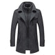 Men's long two-piece coat with stand collar, lapels, pockets and long sleeves
