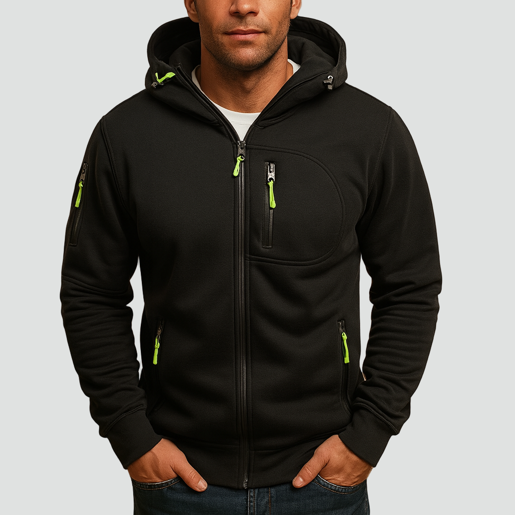 Men's hooded zip-up hoodie with long sleeves and multiple zipped pockets