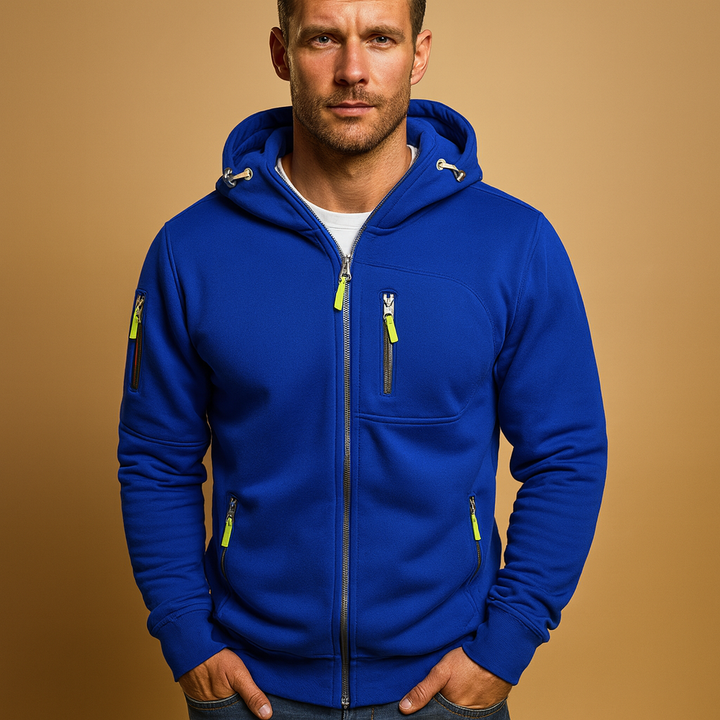 Men's hooded zip-up hoodie with long sleeves and multiple zipped pockets
