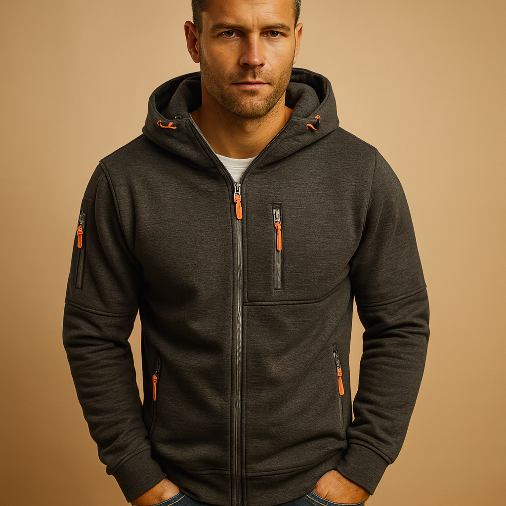 Men's hooded zip-up hoodie with long sleeves and multiple zipped pockets